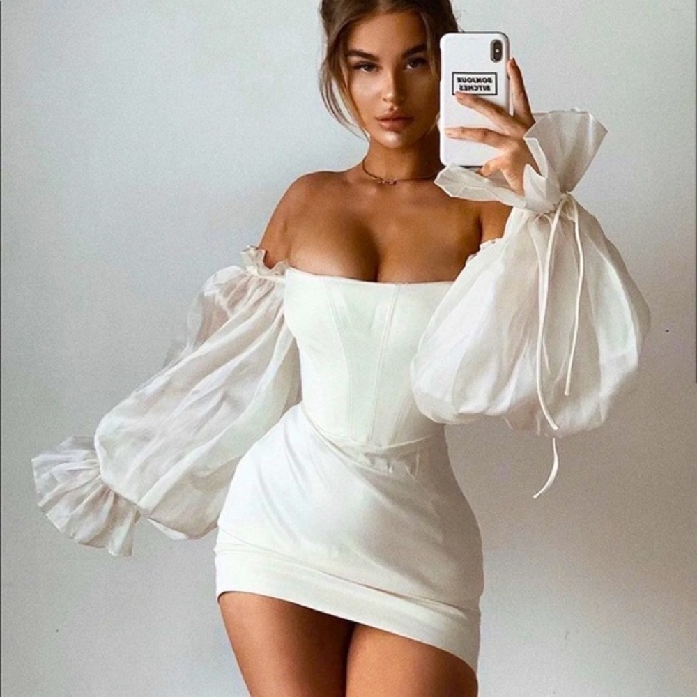 NWT House of CB Marisa Ivory Satin Corset Tulle Long Sleeves Mini Bodycon Dress - Picture 13 of 14